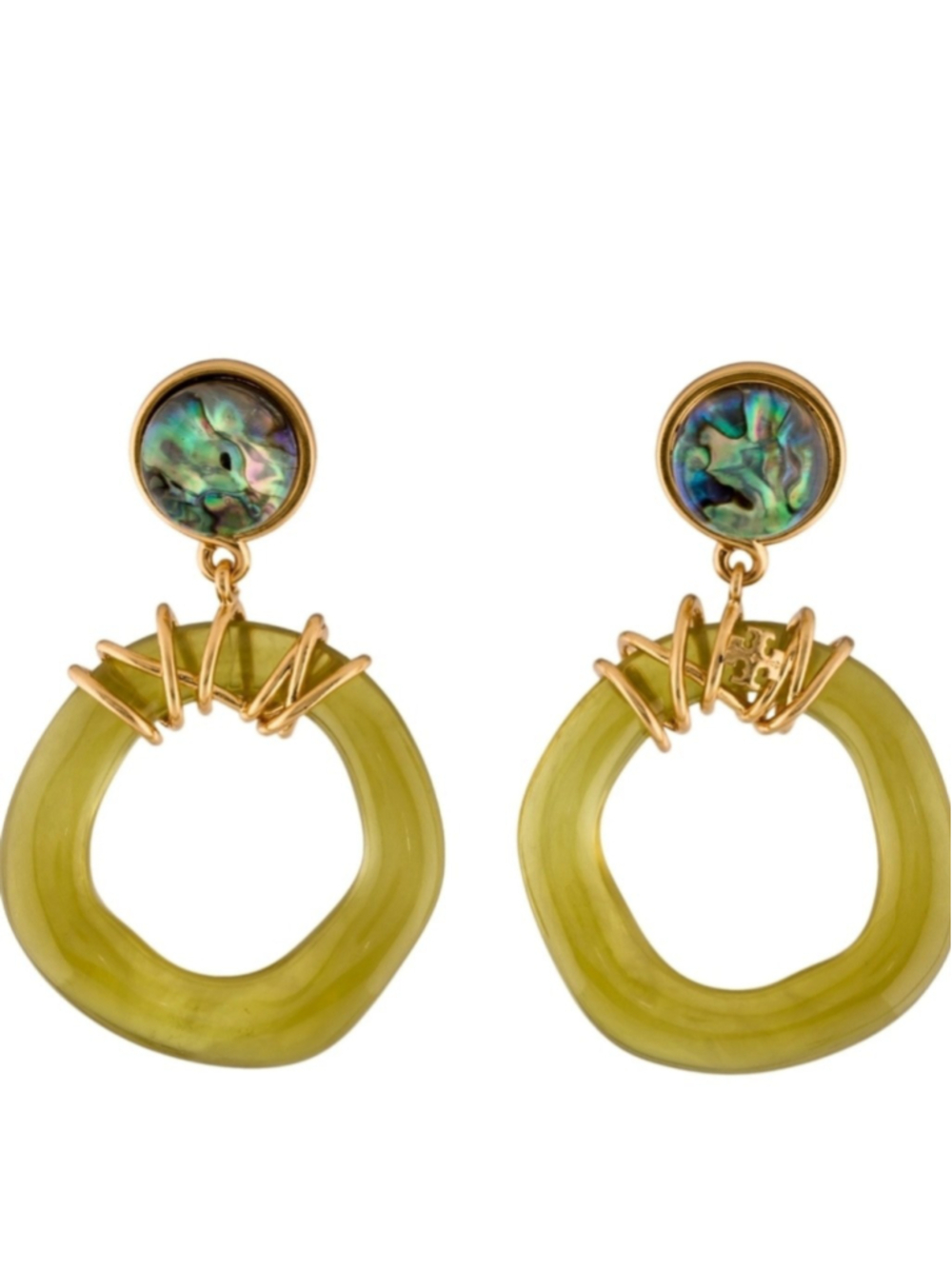 Gold-Plated Abalone & Olive Green Resin Hoop Door-knocker Earrings -